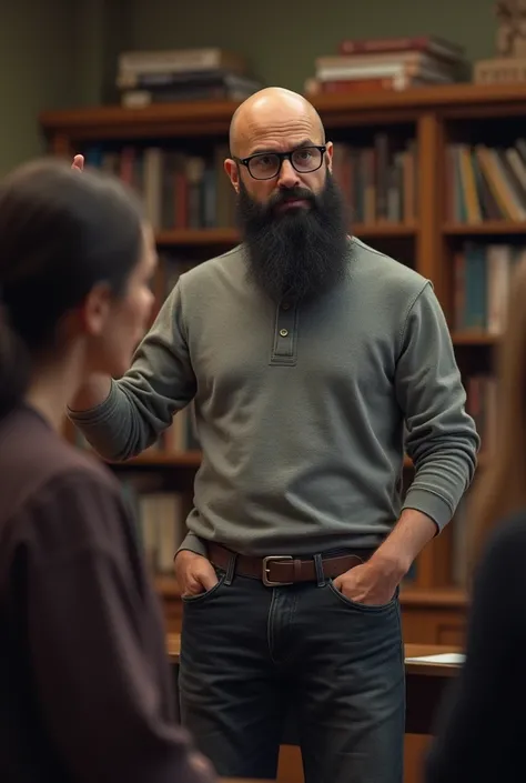 Balding man with black beard and glasses wearing black jeans and a grey henley shirt teching students about hamlet 
