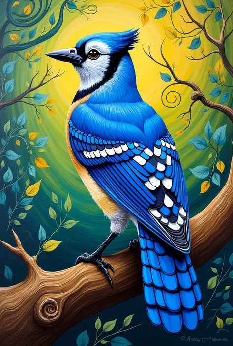 Van Gogh style painting of a blue jay 