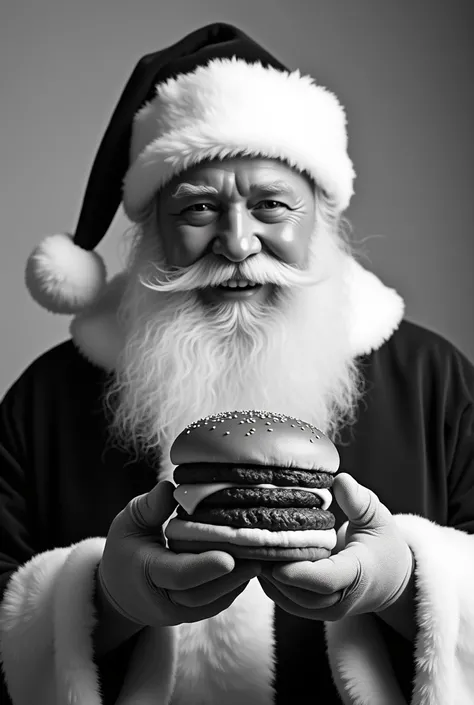 Image of Santa Claus holding a cheeseburger, two beef patties. Black and white.