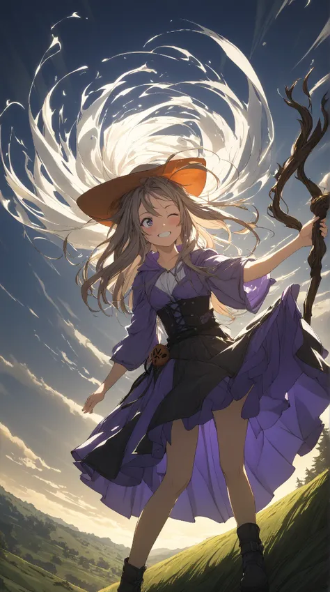 1 girl, (cute face), 18 years old, to many hairstyle, grimace, blush, large breasts, wearing fantasy game style witchs costume, (knee length:1.2), (skirt lifted by wind:1.2, blown by the wind:1.3),, show panties, witchs Hat, one eye closed, holding witchs ...