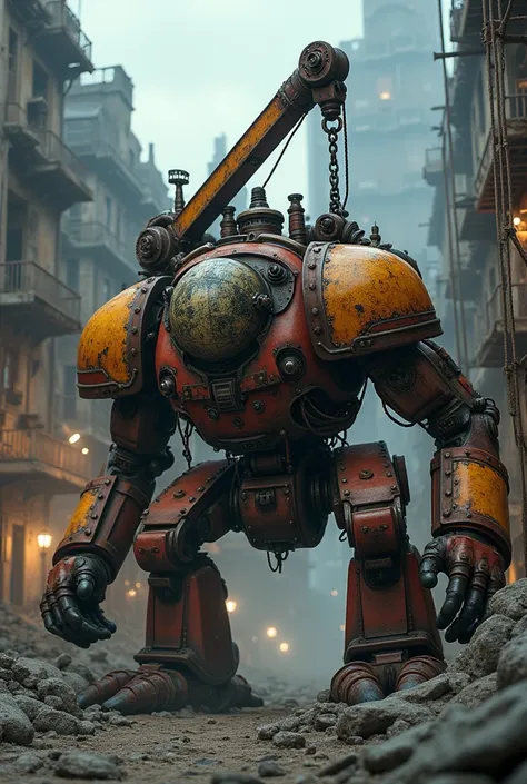 photorealistic image of rusty orcish steampunk eightleged crawling stompa. his crane beam swinging with demolition-ball on chain. mechanical hand holds concrete piece. heavy squat body with many pipes and gearwheels. evening steampunk ruins on background. ...