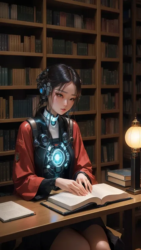   sitting at a reading table in an aesthetic library ,  library of infinite heaven ,   with a science book  ,  camera, a shining machine, , Dream Cyberpunk Girl,  Li Xixin , the Librarian ,  IU Eg-un, in the role of the ultimate villain, ,  inspired by Ai ...