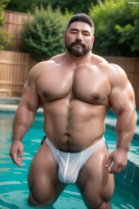  chubby musclebear man, Japanese, (7 daddy:1.1), 1 man, Solo, (wearing a white japanese fundoshi), (big shoulders), musculature, strong physique, hairy, chubby and stout, stubbles, (Detailed body), realistic eyes, glasses, deadpan, looking at viewer, deadp...