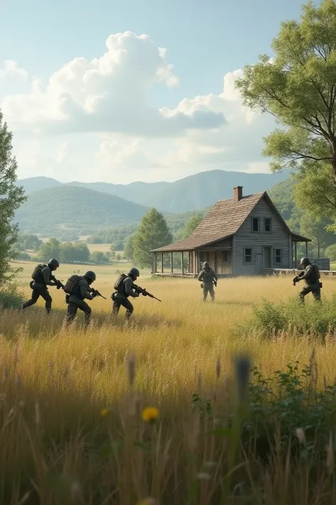 An open field with small trees, an old house in the background and lots of people playing Airsoft