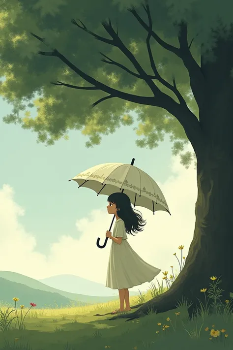 A girl standing under a tree with umbrella