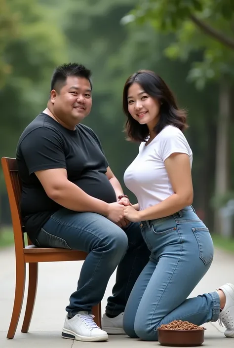 A realistic photograph captured by a professional photographer featuring an Asian man with a slightly chubby build and a noticeable belly, wearing a black t-shirt, jeans, and white sneakers, seated on a wooden chair and facing the camera. A Japanese woman ...