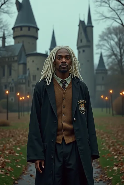 snoop dogg as student at Hogwarts, ,white bron  hair,  young  boy, realistic, 4k, magic, hes wearing a Hogwarts uniform**