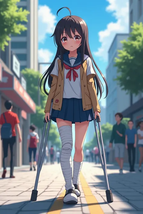 Anime girl on crutches on the street with plaster all over her leg