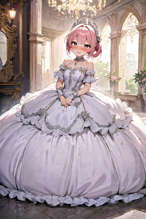 NSFW,masterpiece, best quality, high definition , Very detailed,Princess, tight dress ,Embarrassed,blush,Mansion, chandeliers 