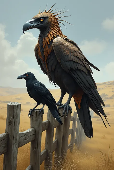 Steppe spiderbird sits on a fence with a raven