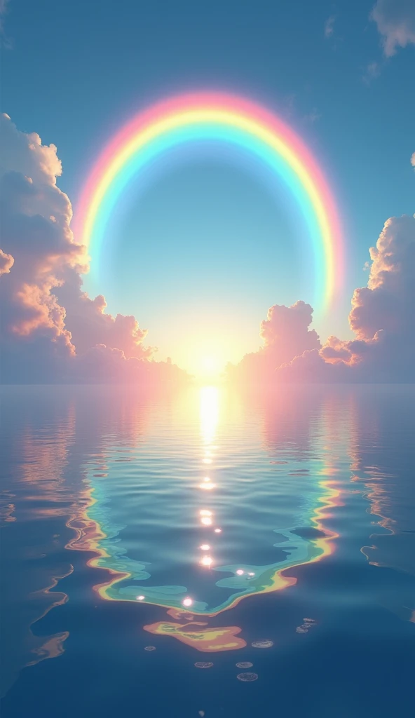 An infinite horizon with a rainbow shining and reflecting in the sea, symbolizing the eternal promise and greater meaning of life.