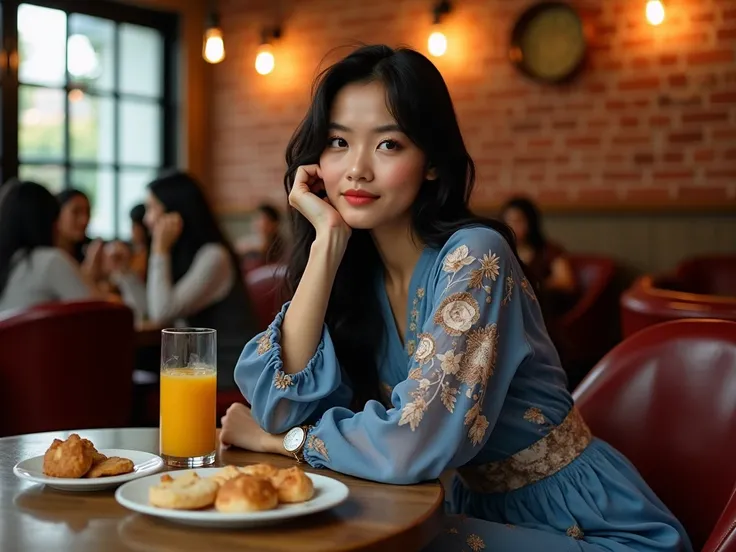  photoshoot of a beautiful Indonesian woman wearing a bluish layered modest outfit decorated floral pattern, crispy texture clothes,  she have long black hair,  sitting in the corner of the sofa of a cafe with an artistic table in front of this woman .  ch...