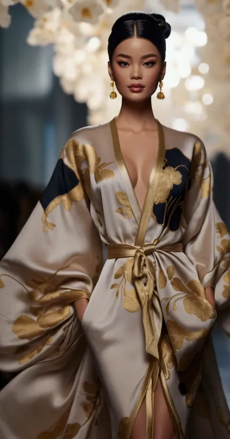 Barbie in a dress walking down a stunning fashion runway, ornate flowing robe, flowing magical robe, voluminous sleeves, intricate silk clothing, flowing robes, intricate geisha kimono, an intricate dress, ornate flowing robes, delicate gold stroke details...