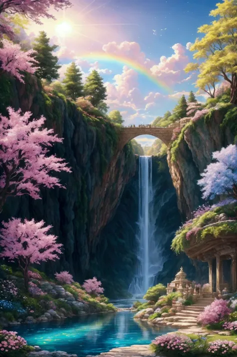 unmanned、Clear water、 imaginary、The city is shrouded in Gods glory、Shining like a jewel、Like Jasper〔Like crystal〕It was crystal clear.。 no one。Israel- Fantastic - Painting Style Waterfall Soft painting style Brightly colored Bright light a wonderful heaven...