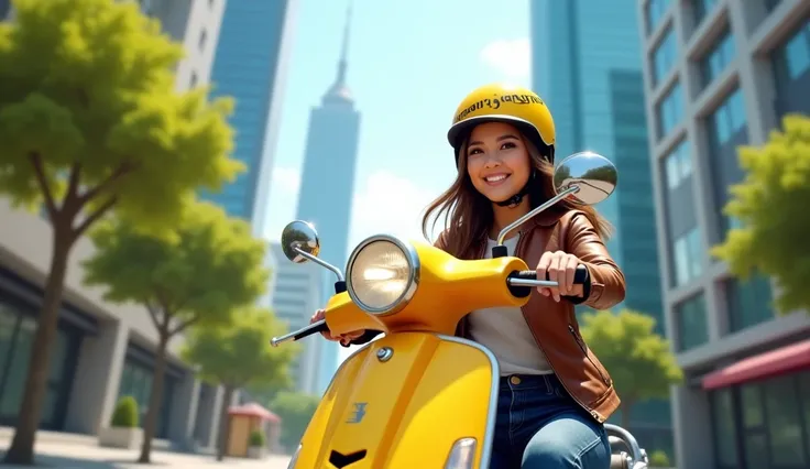 create a realistic picture of a cheerful woman riding a bright yellow scooter in a modern urban cityscape. A woman with a friendly smile, wearing a yellow helmet with bold text, a brown leather jacket and casual jeans. The scooter has sleek design details,...