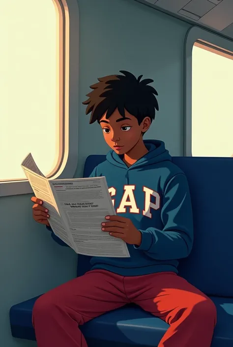 The dark-skinned boy with short black hair is wearing a blue sweatshirt with the word GAP written on it and red sweatpants. He is sitting comfortably on a seat on the train, holding a newspaper in his hand. His face is calm and focused, his eyes are lookin...