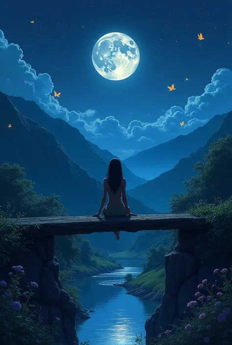  sitting on a bridge looking from a mountain at the moon and night butterflies 