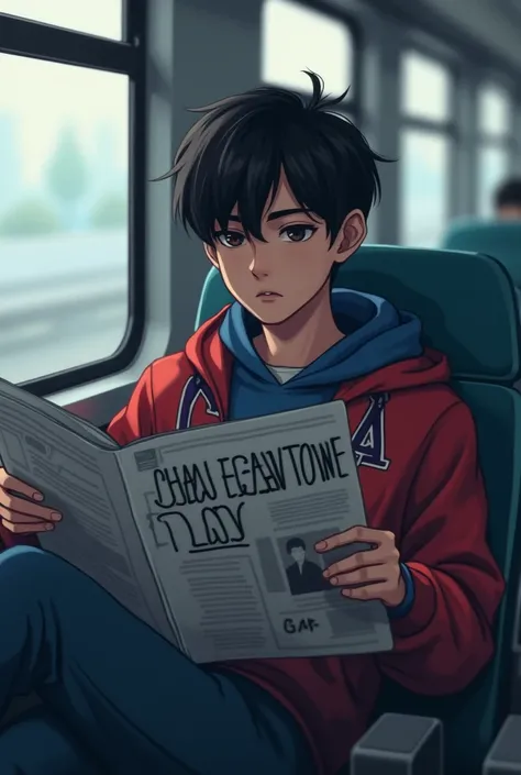  More Brunette skin ,  boy with short black hair ,  Wearing a blue sweatshirt and red sweatshirt with GAP lettering.  Comfortably seated in a seat on the train ,  holding newspaper .  Face calm and focused ,  with eyes immersed in the pages of the newspape...