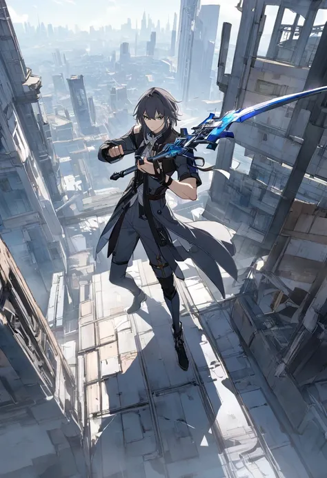 Fighting poses, looking straight ahead with a serious look, holding his ax with one hand, the scenery of a city in ruins, daytime. Honkai Star Rail, Full body view, looking at the viewer,