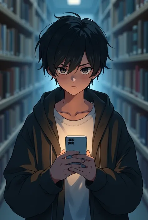 Handsome anime-style teenage boy with short black and smooth hair , ropa oversize,  holding a simple white phone in a library but with a stressed face