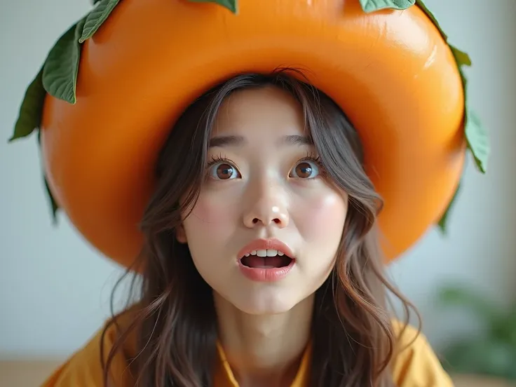 4K、 realistic depiction 、Im wearing a fruit orange hat。 image of a woman depicting her entire upper body from waist to head。Pretty woman、 women standing 。 The hairstyle is straight over the shoulder and 、The background is simple、 female in her 20s、 Surpris...