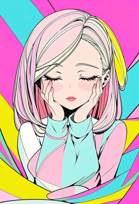 (masterpiece, best quality:1.1), pop-art,(pastel color,flatcolor),a girl,apologizing,she has one eye closed,wink,(blink:1.2),(simple background),minimal design,BREAK 15yo,cutie,fresh lips,