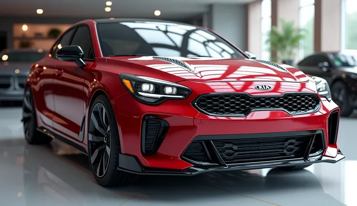 create an ultra-detailed 3D render of a modern, close-up front view of modern 2025 Kia K4  with a bold design. The car should feature a Gleamy glossy painted Red color with a Kia logo on its prominent front Grille, and sleek headlights. The body should be ...