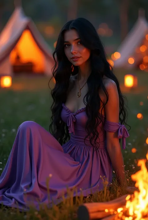 Real Rapunzel girl , young, beautiful, with very long wavy black hair ,  wears a long violet silk dress ,  is sitting on the grass,  in the heat of a bonfire in a gypsy caravan camp in the night.