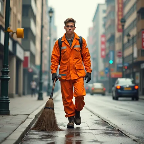 Male Young street cleaner carrying a broom wearing a orange workwear orange boots