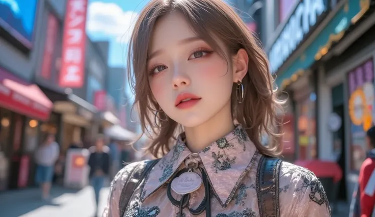 (masterpiece, Best picture quality, 8k), Real photo,Idol appearance,adult,  perfection of fashion, frontal, Korean makeup, Lip Tint, bust, A faint smile, Busy City Streets, Clear weather, Exquisitely Painted , Realistic, Outdoor,  ultra high definition , 3...