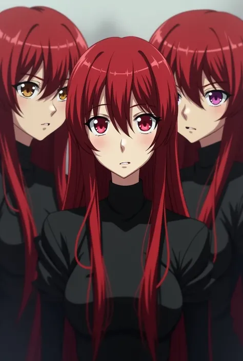  3 anime girls with long intense red hair ,  one with light brown eyes ,  another with pink eyes ,  and the last one with red eyes ,  both with a worried look but with a mature and serious face, and the red-eyed one with an angry look , In a hazy backgroun...