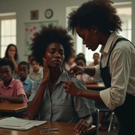 WHITE TEACHER CUTTING A BLACK WOMANS HAIR SHES CRYING ,  in the classroom and has several ren looking at a frightened realistic image 