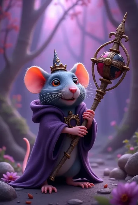 cute rat, wearinf warlock clothes, using a curses staff with a cross around a big black red ball on top of staff, the staff has an aura, environment is purple.