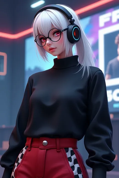 Freefire character with white hair wearing gaming earphones, wearing round transparent glasses, a plain black shirt with long sleeves covering the neck, red pants with checkered stripes on the left side and no shirt. 