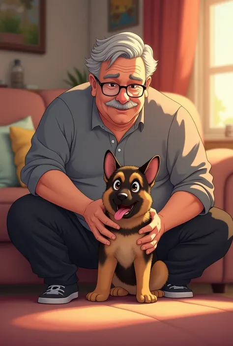 One anime style older man. Man has short thinning grey hair, man has grey mustache, man wears glasses, man is tall, man is big, man is wearing grey shirt, man is wearing black joggers, petting dog, is smiling. One German shepherd puppy, tongue out, being p...