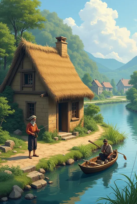 Create an image of a simple little house made of clay with a thatched roof on the edge of a river ,  with an elderly man dressed in cattle clothes on the riverbank fishing and another man inside a boat also fishing dressed in simple clothes