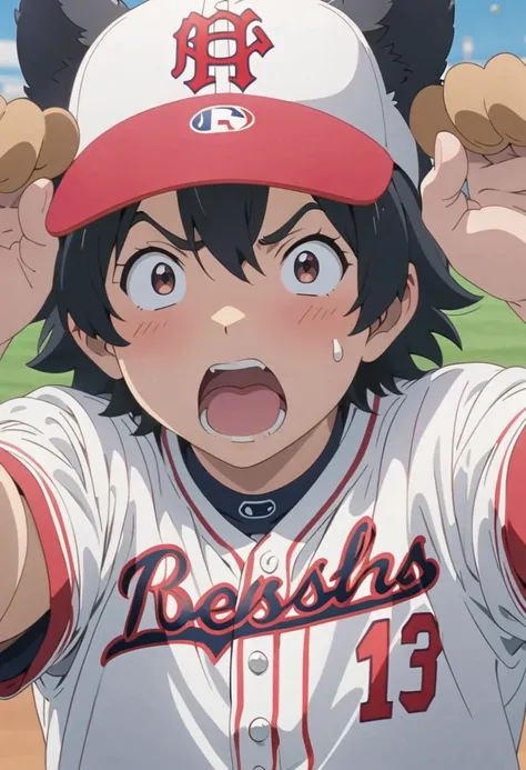 Dog Ears，   Very black hair，       black ear     ，baseball，fun，Anime Images