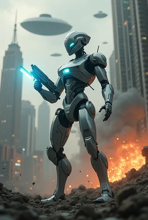 robot using a futuristic weapon to defend the attack against aliens