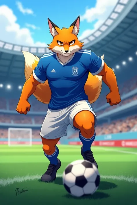 An anime fox .  The fox is strong and has the muscular and defined body of an athlete.  The fox wears an all-blue soccer jersey,  and the white shorts .  The environment is a soccer stadium . The fox is orange .