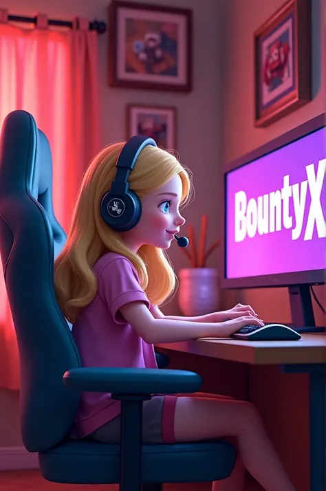 Fille blonde au yeux bleu dans sa chambre assise sur sa chaise de gaming devant son pc ou c’est écrit bountyx , avec un casque de jeu vidéo sur les oreilles, derrière elle des les rose avec des cadres de Minecraft et brawl star
