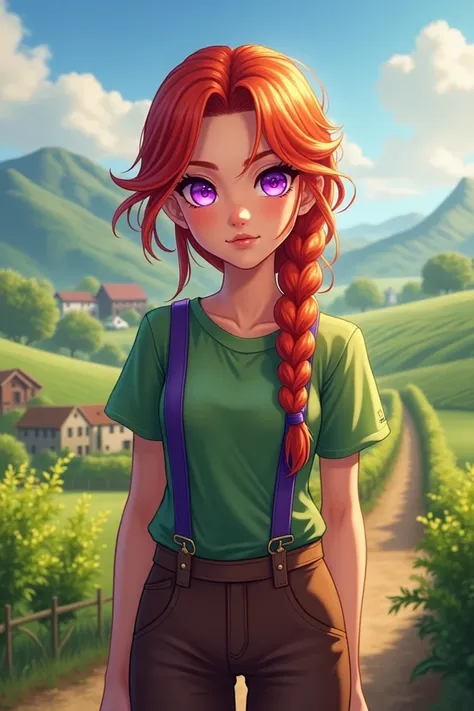 A beautiful girl with red braided hair green shirt and brown pants with suspenders and purple eyes she lives on a farm and is in a Genshin Inpact style