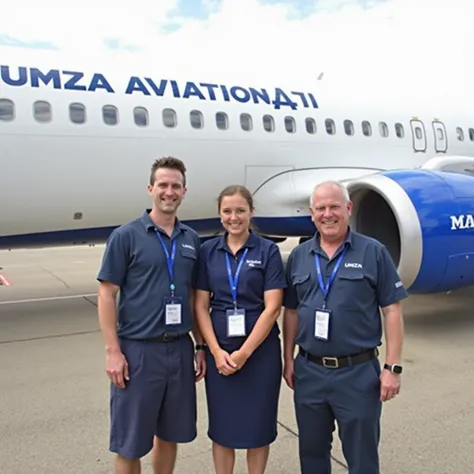 Three uniformed staff members of UMZA Aviation posed for a photo at London International Airport with the companys new Boeing 737 MAX 10 aircraft. The aircraft was prominently marked with the "UMZA Aviation Services" logo.