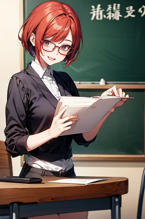 female teacher、 red hair、 short bob、I have Wanren Flare 、Glasses、fine、Cheerful personality、 chalk、classroom、 blackboard 、chair、machine