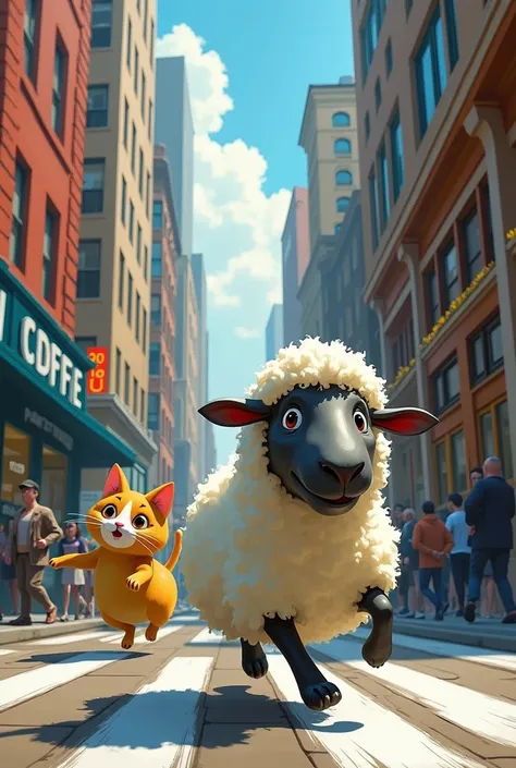 The sheep followed the cat to the city, where the cat jumped through busy streets and squeezed into small places. The sheep tried to follow but felt lost in the noise and chaos.