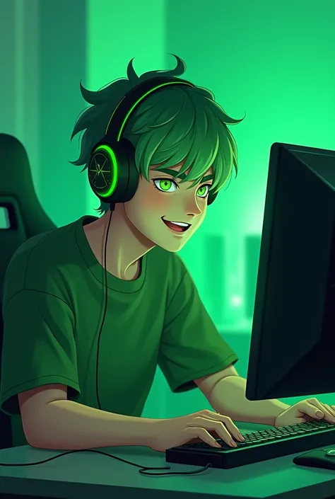 Picture of 2d young man playing computer with green hair,green eyes ,green shirt , wearing green color headset with relaxed face