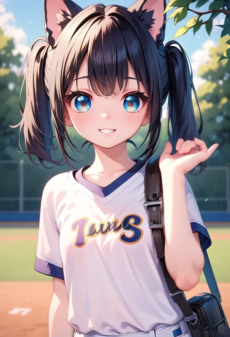 Dog Ears，   Very black hair，        black ear      ，baseball，fun，Anime Images， girl，4K， cute，The style is good