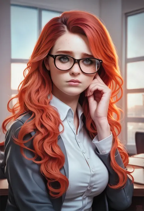 professional, masterpiece, 8k, hyperrealistic portrait of a 20yo cute blond girl, long hair, redhead, glasses, (looking shy:1.3), freckles, detailed face, detailed skin, photography, hq, photorealistic,   DV_Snooky_Vicious