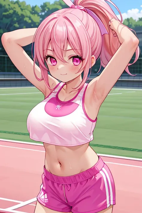 1girl, best quality, looking at viewer, kawaii, pink outfit, sports bra, crop top, navel, midriff, bare stomach, buruma, huge breasts, long hair, pink hair, ponytail, pink eyes, smile, arms up, blush, closed mouth, track and field, outdoors,  