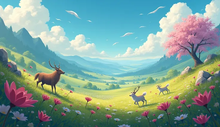 • The final scene ;  The melody of the Flower of Thorns ,  as the wind wraps around every corner of the valley.  Flowers open ,  animals dance with peace of mind .  Draw in animated style but realistic .