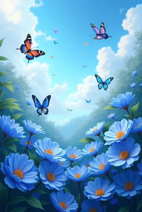 Blue flowers with butterflies